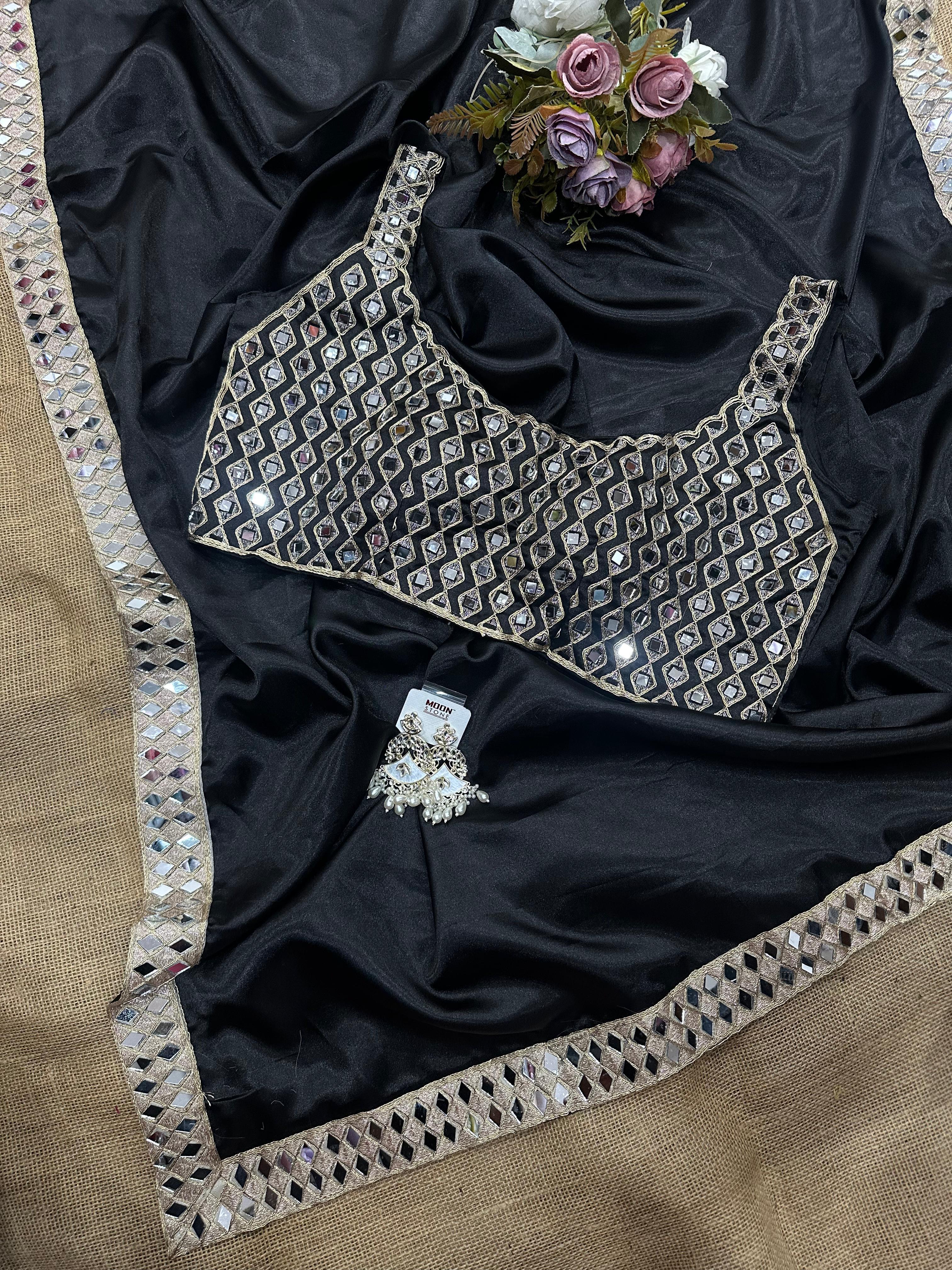 Original mirror and embroidery work satin silk saree….