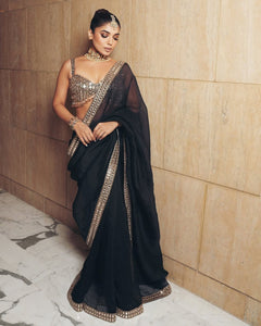 Original mirror and embroidery work satin silk saree….