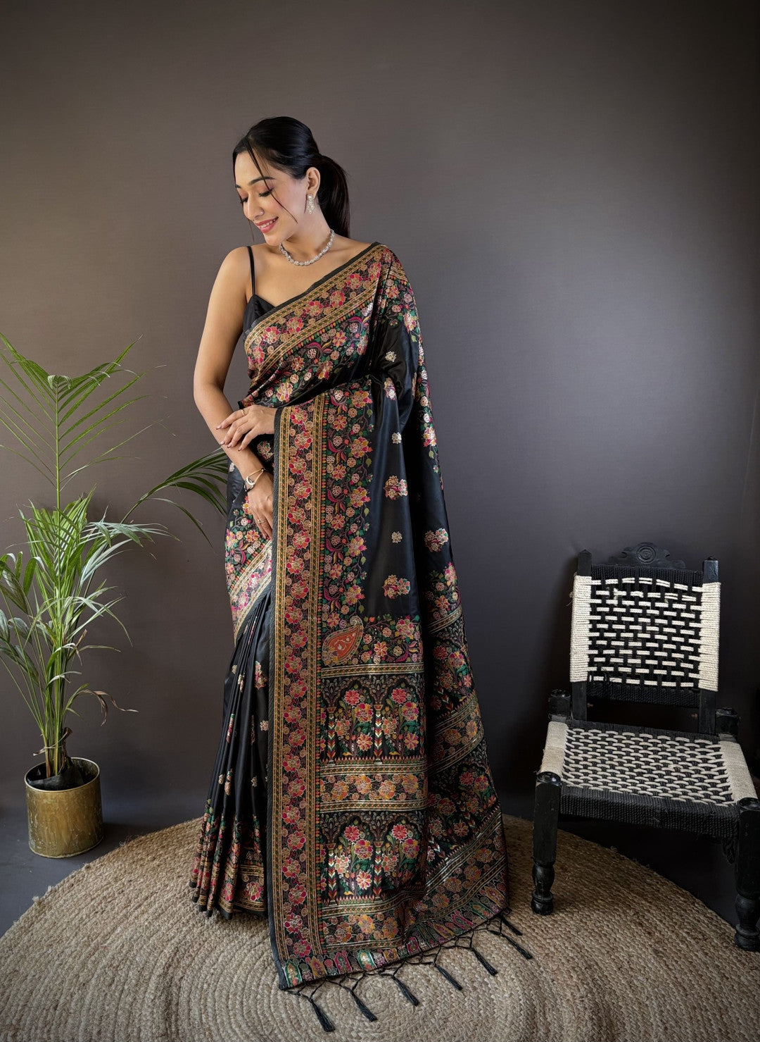 Kashmiri pashmina silk saree with meenakari weaving work