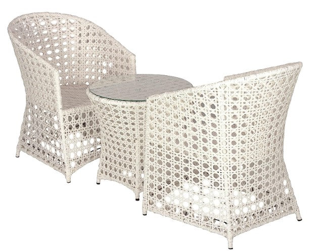 White Outdoor Furniture Set with Two Chairs and Glass Top Table