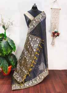 Gray banglori Handloom raw silk saree with contrast jamdani weaving pallu