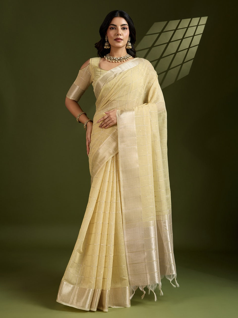 Soft tissue linen silk saree with zari weaving work