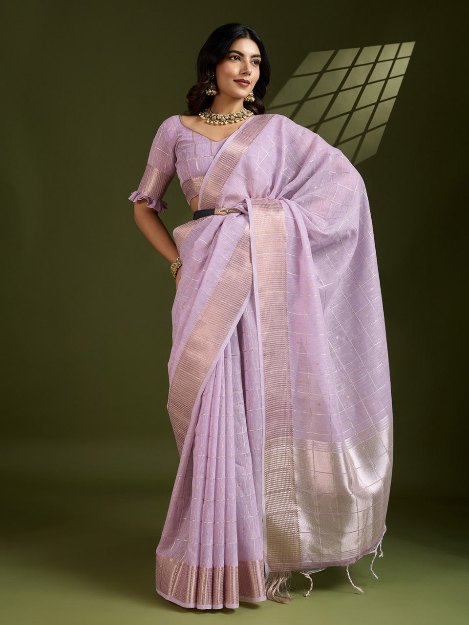 Soft tissue linen silk saree with zari weaving work