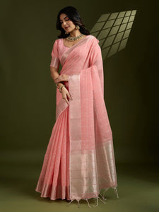 Soft tissue linen silk saree with zari weaving work