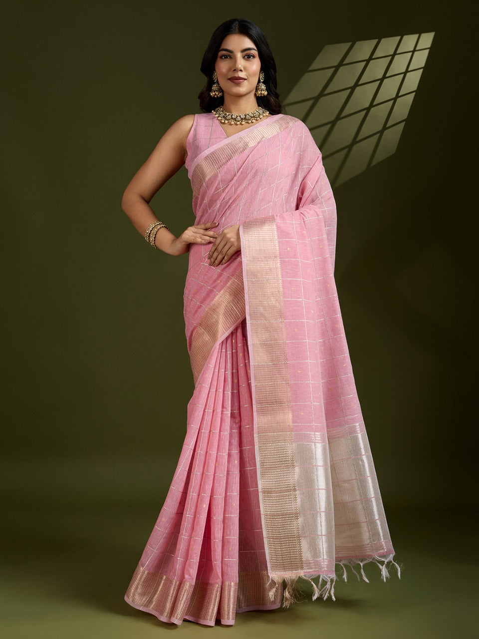 Soft tissue linen silk saree with zari weaving work