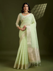 Soft tissue linen silk saree with zari weaving work