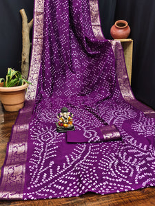 Dola silk bandhej saree with zari border