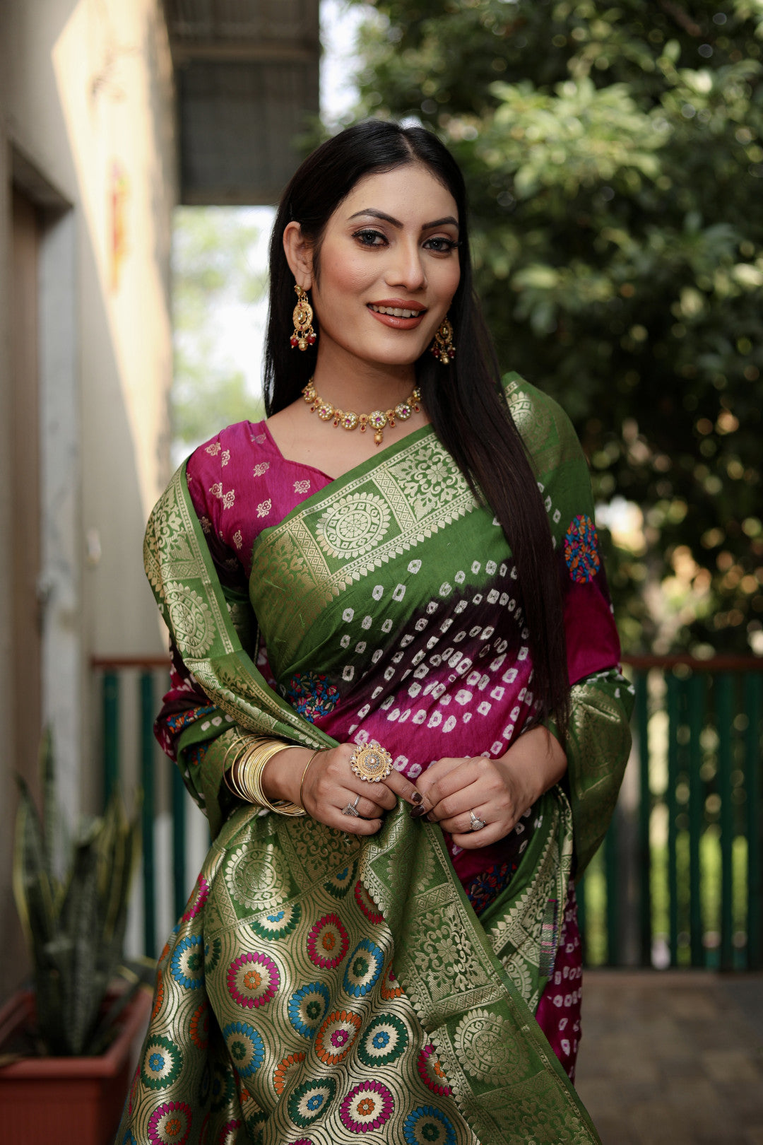 Multi color soft bandhej silk saree with zari weaving work