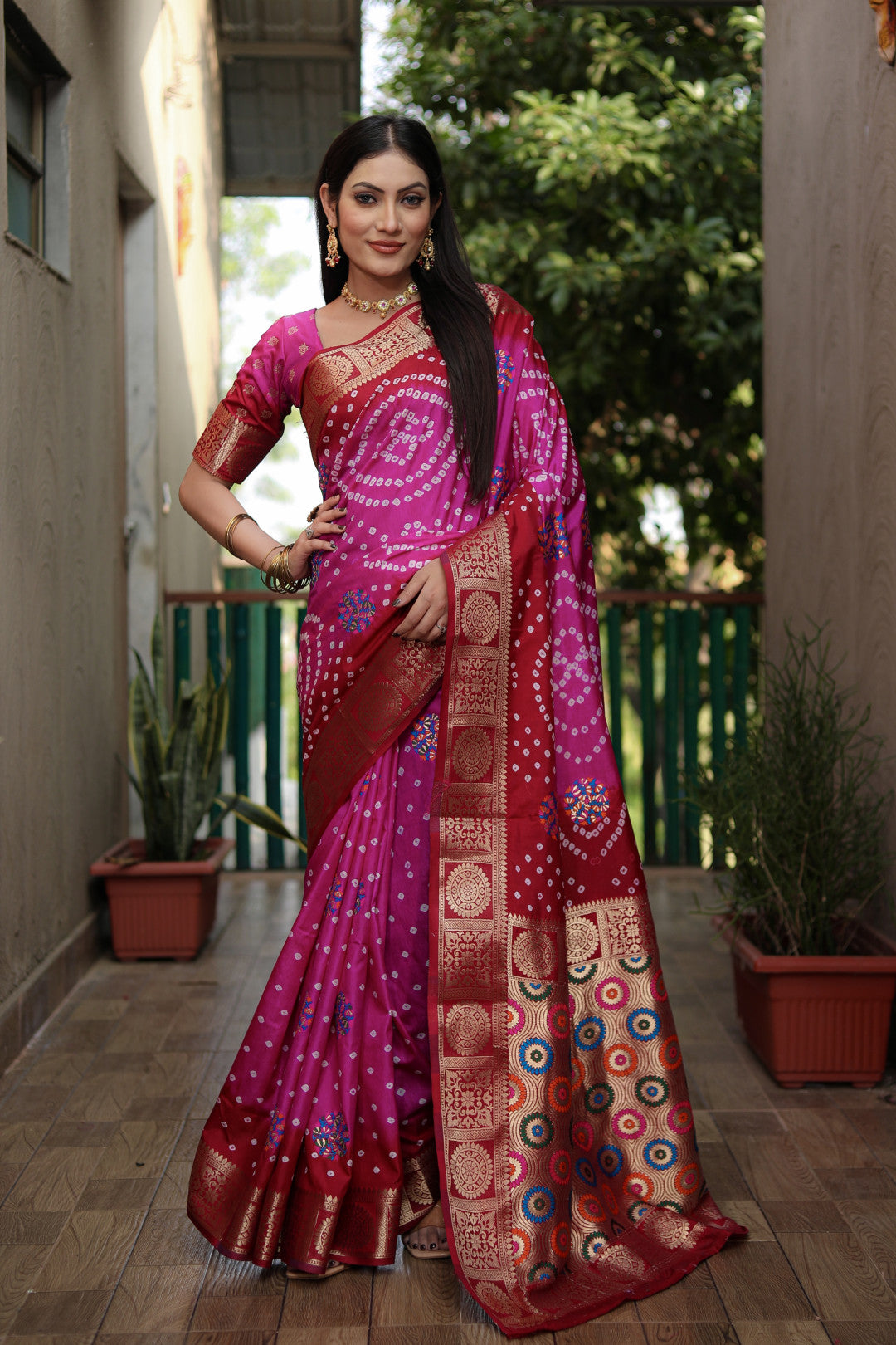 Multi color soft bandhej silk saree with zari weaving work