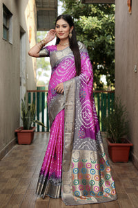 Multi color soft bandhej silk saree with zari weaving work