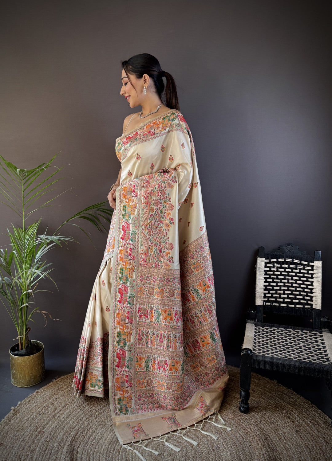 Kashmiri pashmina silk saree with meenakari weaving work