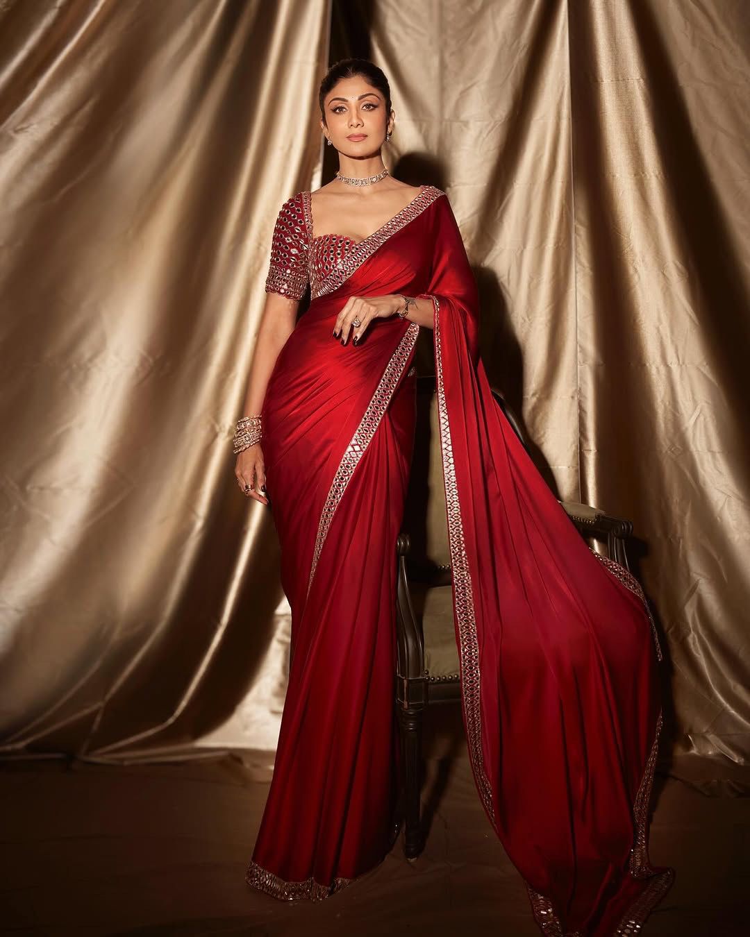 Original mirror and embroidery work satin silk saree….