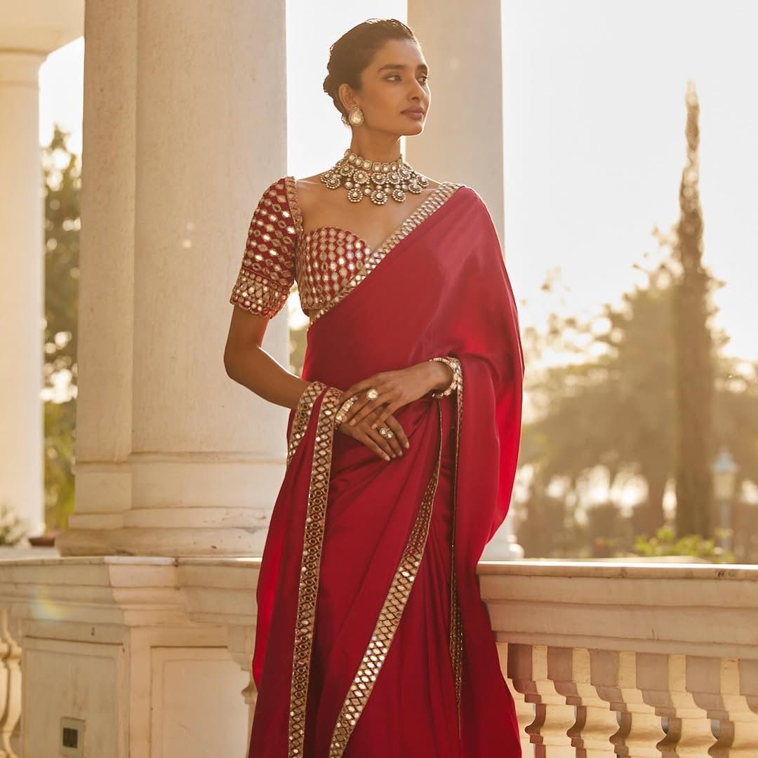 Original mirror and embroidery work satin silk saree….