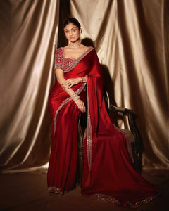 Original mirror and embroidery work satin silk saree….