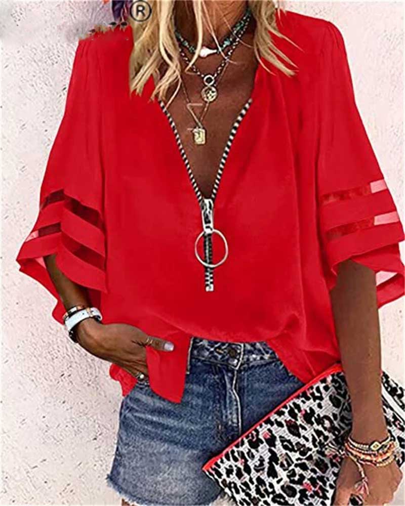 Womens Lace Patchwork Blouses - Flared Sleeve