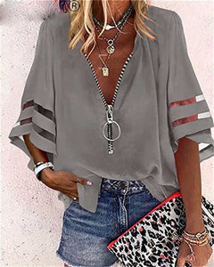 Womens Lace Patchwork Blouses - Flared Sleeve