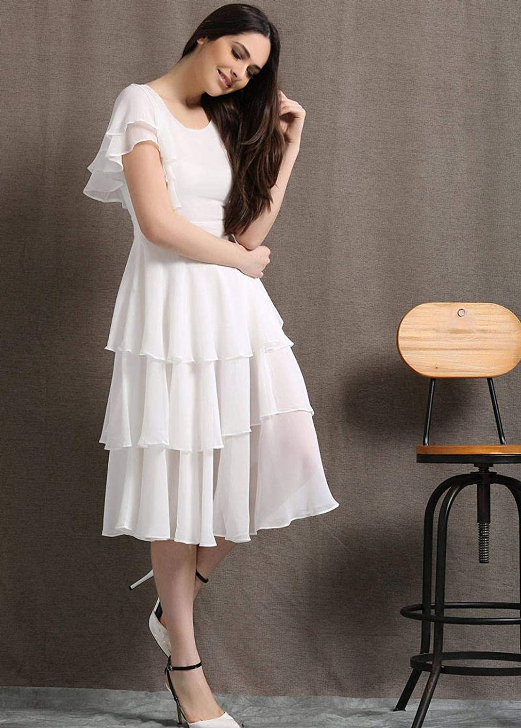 Women's Western Ruffle midi Georgette White Party Dress AuroraLyfe Women's Western Ruffle midi Georgette White Party Dress AuroraLyfe