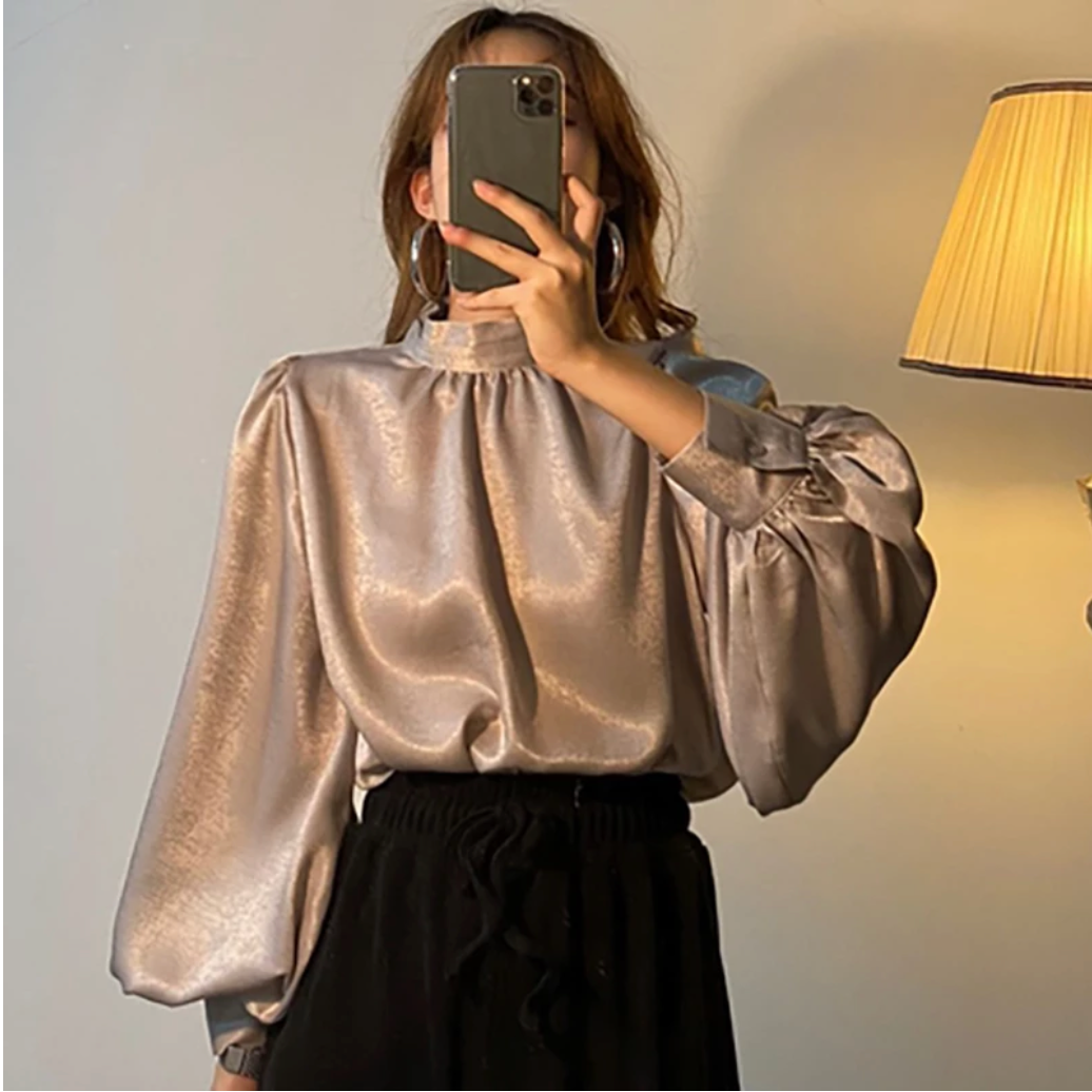 Satin Blouse Long Lantern Sleeve AuroraLyfe